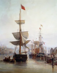 Skepp i hamnen i Rouen 1855 Detalj. Målning av Charles Louis Mozin (1806-1862) 1855 Rouen, Musee des Beaux Arts