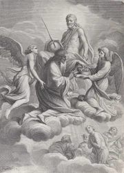 Saint Louis av Frankrike tog emot till himlen av Kristus och två änglar som erbjuder honom c..., 1671-80.