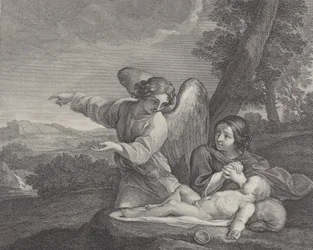 Ängeln som visar sig för Hagar i öknen när hon lägger händerna bredvid sömnen..., 1700-28.