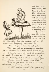 Alice gets advice from the Blue Caterpillar, illustration from Alices Adventures Under Ground, pub. 1886 (facsimile)