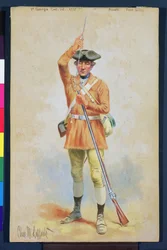 Uniformer of the American Revolution: 1777 Private Field Dress from the 1st Georgia Continental Infantry (gouache und wc på papper)