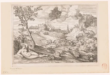 Landskap med Andromeda bevakad av draken och Perseus som flyger i ett moln