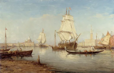 Galleoner och gondoler i San Marco-bassängen (Saint Mark a Venedig) Målning av Charles Malfroy (1862-1918) Obligatoriskt omnämnande: Samlingsstiftelsens hälsningar från Provence, Marseille