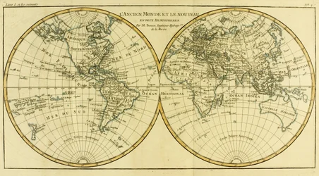Världskarta i två hemisfärer, ur «Atlas de Toutes les Parties Connues du Globe Terrestre» av Guillaume Raynal (1713-96), utgiven i Genève, 1780