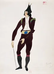 Kostym för Fiorellos karaktär från Barberaren i Sevilla av Gioacchino Rossini, skiss av Charles Martin (1884-1934)