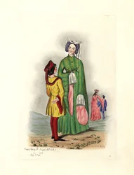 Typisk kvinnlig dräkt på Henry V:s tid, illustration från "Civil Costumes of England from the Conquest to the Present Days"