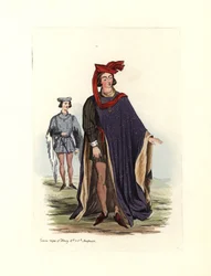 Typisk mansdräkt under kung Henrik IV och Henrik V, illustration från "Civil Costumes of England from the Conquest to the Present Day"