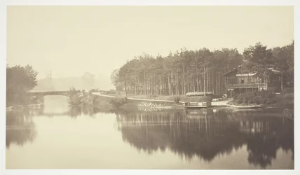 Utan titel, c. 1850. [Bro och stuga i Bois de Boulogne, en park i Paris].