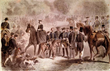 Napoleon III: Jaktutnämningen gick vid kungens brunn nära skogen i Compiegne under kung Vilhelm III:s vistelse (1817-1890). Färgad gravyr av C. Maurand och G. Janet efter Fortris publicerad i "The Monde illustrious" den 26/10/1861. Dämpa.