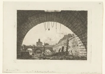Se över Pont-Neuf under boog Pont-au-Change i Paris Pont Neuf och Samaritaine från under den första bågen av Pont au Change