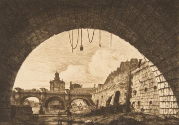 Pont-neuf och Samaritaine från den första bågen av Pont-au-Change Pont-neuf..., 1855.
