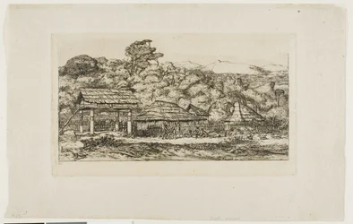 Infödingarnas baracker och hyddor i Akaroa, Banks halvö, 1845