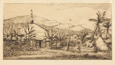Nya Kaledonien: Stor infödd hydda på vägen från Balade till Puebo, 1845