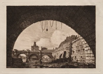 Den nya bron och Samaritaine sett från under den första bågen..., 1855.