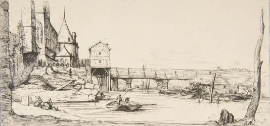Gångbron som tillfälligt ersätter Pont-au-Change, Paris, efter branden 1621, af..., 1860.