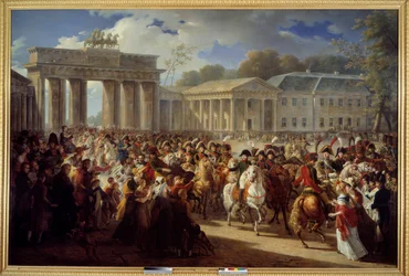 Napoleon I:s intåg i Berlin och ledde hans gård genom Brandenburger Tor (1806)