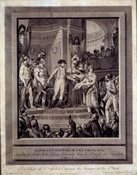 Napoleon delar ut Hederslegionens stjärnor till Invalides 26 messsidor an XII. Gravyr av Charles Monnet (1732 - Ap 1808)