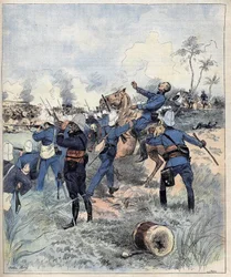 Kommendör Faurax dog i slaget vid Dogba den 19 september 1892 i Dahomey (nu Benin) efter aquerellen de Morel 1892.