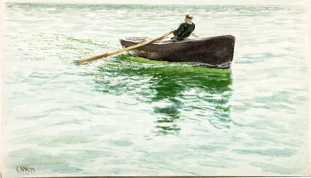 Man roddar jolle (kroppsfärg och akvarell på papper)