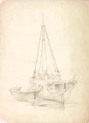 Gammal fiskebåt och jolle (kroppsfärg och penna på papper)