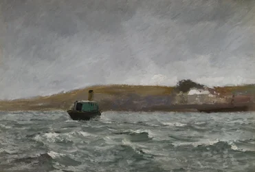 Havslandskap med bogserbåt (olja på papper)