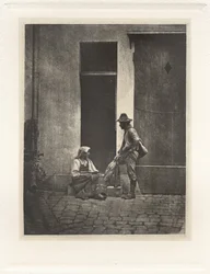 Planche IV - Pifferaro Debout et Paysanne Italienne Assise, dans la Cour du 21 Quai Bourbon (Plansch IV - Pifferaro stående och italiensk bonde sittande, i domstolen 21 Quai Bourbon),1854, tryckt 1982 (foto)