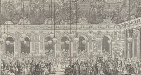Dekoration för en maskerad bal i Versailles, i samband med t..., ca. 1860 nytryck av 1764 års plåt.