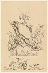 Design för Cartouche with Crown, Two Putti Serving Bacchus och Two Lions från "Cartouches Nouvellement Inventez"