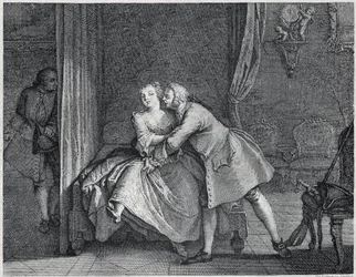 Öronmakaren och formställsillustrationen för Les contes de La Fontaine, cirka 1743”. gravyr av Charles-Nicolas Cochin (1715-1790).