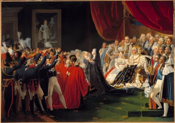 Hertiginnan av Berry presenterar sin son hertigen av Bordeaux för folket och armén: Marie Caroline de Bourbon Sicilien, hertiginnan av Berry, presenterar sin son hertigen av Bordeaux för folket och för armén i närvaro av kung Ludvig XVIII, omger