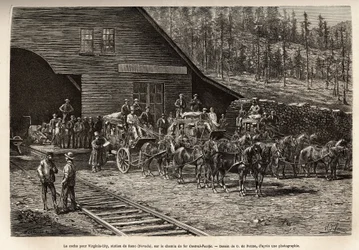 Reno-stationen, för att ta bocken för Virginia City (Nevada), på Central Pacific Railway (Central Pacific), graverad efter ritningen av O. de Penne, som illustrerar resan från Washington till San Francisco, 1868, av L. Simonin, publicerad i "Le t