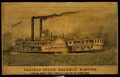 Prairie State. Baldwin, mästare. Ett reguljärt paket från St Louis till La Salle, på Illinoisfloden (litografi, färglagd)