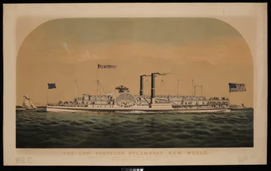 Lågtrycksångaren New World. I trafik på Hudsonfloden mellan New York och Albany (litografi, färglagd)