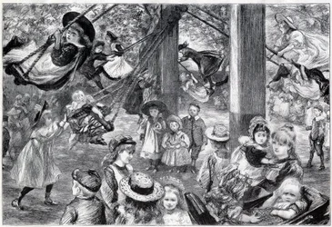 Ett utomhusgymnasium för barn i Battersea Park, London - 1898 - ritat från livet av Paul Renouard