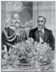 Hjärtligt: Frankrikes president Emile Loubets besök i London - banketten på den franska ambassaden - kung Edward VII och Loubet - ritad av Paul Renouard för tidningen The Graphic. juli 1903.