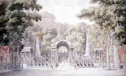 Design för en scen med ett venus tempel i en trädbevuxen trädgård för Gretrys "Anacreon"