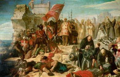 Lyft från Maltas säte. Staden belägrades av general Ottoman Mustapha i september 1565. På målningen Don Garcie av Toledo leder vicekungen av Sicilien operationen. Målning av Charles Lariviere (1798-1876)