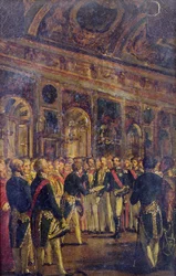 Senaten presenterade Louis Napoleon Bonaparte (1808-73) med resultatet av folkomröstningen som utropade honom till kejsare, i Saint-Cloud, 1 december 1852, 1852-71