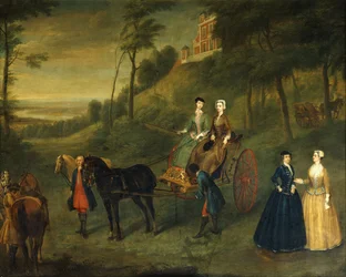 Ladies and Maids of Honor i Greenwich Park: Ett gruppporträtt av Juliana, hertiginnan av Leeds, Lady Charlotte Hamilton, Lady Isabella Tufton och Henrietta, grevinnan av Pomfret, alla bära ridvanor, med brudgum och hästar framför observatoriet, 173
