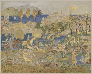 Hill Town, ca 1928 (tempera, grafit och bladguld på inskuren, gessoed panel)