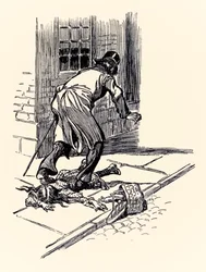 Som en förbannad "Juggernaut" från "Strange Case of Dr Jekyll and Mr Hyde" av Robert Louis Stevenson (1850-1894) illustrerad av Charles Raymond Macauley (1871-1934)