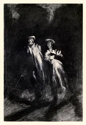 Kastade ljuset av ett ljus fram och tillbaka om deras steg" från "Strange Case of Dr Jekyll and Mr Hyde" av Robert Louis Stevenson (1850-1894) illustrerad av Charles Raymond Macauley (1871-1934)