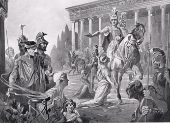 Alexander vid plundringen av Thebe 335 f.Kr., illustration från "Hutchinson