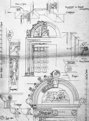 Certosa di Pavia, Dörröppning i det lilla klostret, 1891 (Sida från skissbok, bläck på patronpapper)