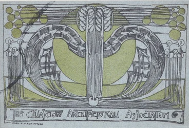 Conversazione Program for the Glasgow Architectural Association, 1894 (linosnitt tryckt i svart och grönt på ljusblått papper)