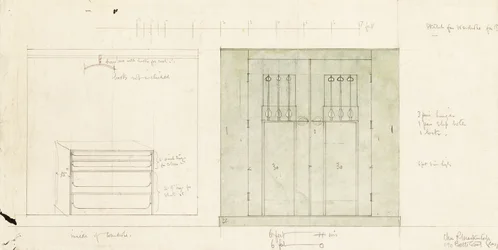 Design för en garderob, visad i höjdled på framsidan och interiören, ca 1899-1900 (Blyertspenna, akvarell)