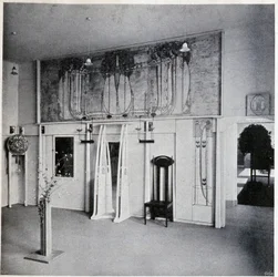 Invändig vy av en dekorativ konstsalong i Wien, cirka 1900 (dekor och möbler av Charles Rennie och Margaret MacDonald Mackintosh)