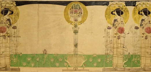 Preliminär design för väggmålningsdekoration av rummet på första våningen i Miss Cranstons Buchanan Street Tearooms, 18967 (penna och wc på kalkerpapper)