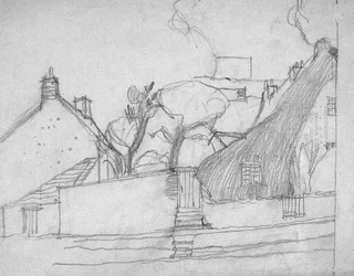 Skiss av den engelska byn med halmtak i förgrunden, c.1920