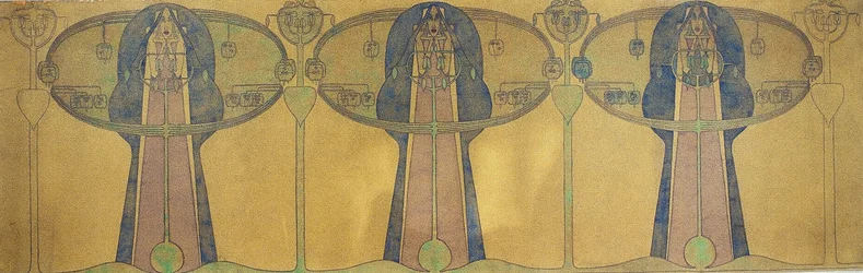 Dekorativ fris av stiliserade mänskliga figurer, träd och växtformer, ca 1895 (penna och akvarell på grått konstpapper)